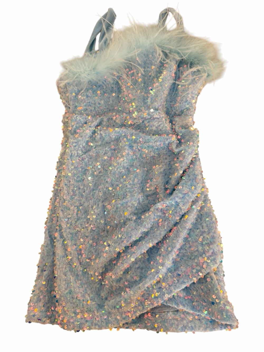 Girls' Light Blue Sequin Party Dress with Faux-Fur Trim
